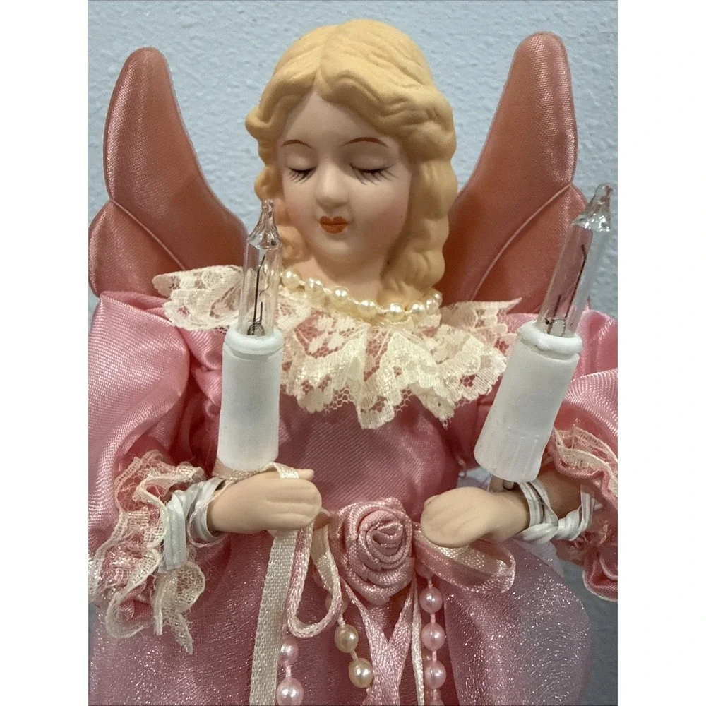 Vintage Pink Porcelain Face Angel Christmas Tree Topper 10-Light Lighted Y2K